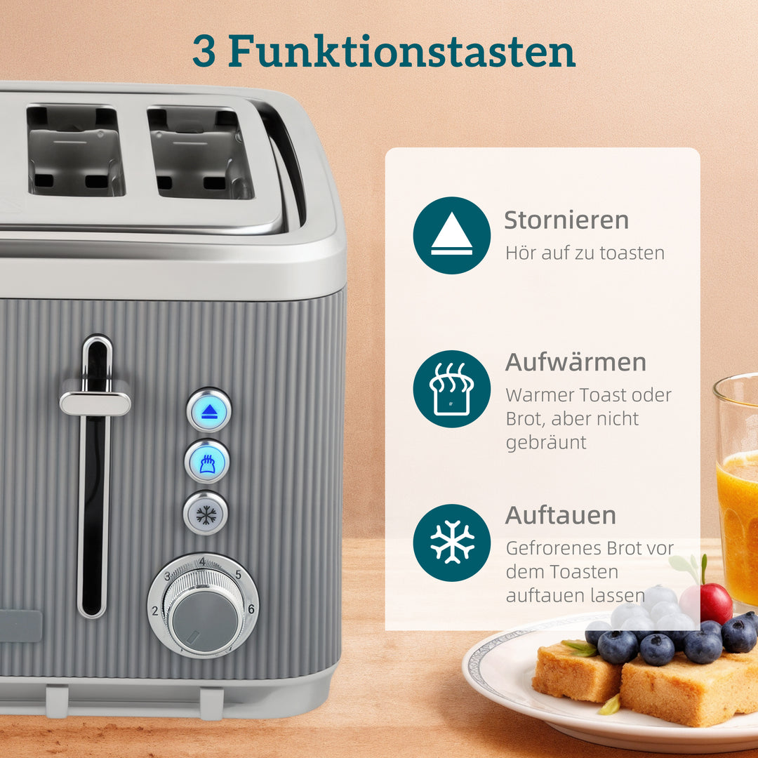 2200W, 1,7L elkedel med hurtigkogningsfunktion, afkalkningsfilter og brødrister til 4 skiver med 7 ristningsniveauer, grå