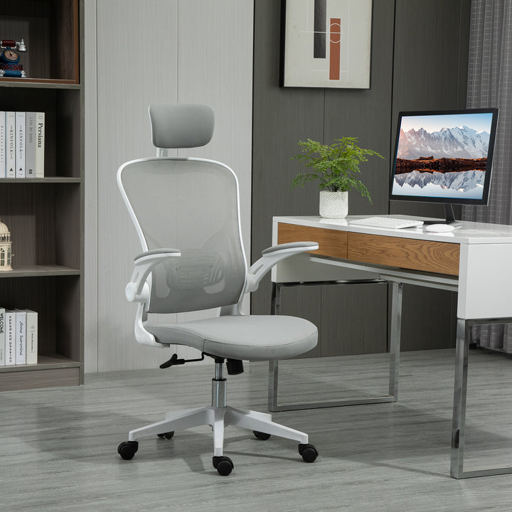 Kontorstol ergonomisk skrivebordsstol med vippefunktion høj ryg lændestøtte nakkestøtte foldbar armlæn hjemmekontor grå 65 x 64 x 114-122 cm