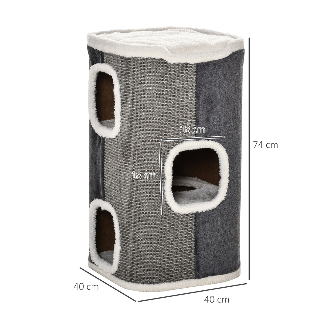 Kradsetræ til katte, kradsetræ til katte, 3 niveauer, klatretræ til katte, kattemøbler, spånplade, fløjlsagtig polyester, sisal, grå+hvid, 40 x 40 x 74 cm