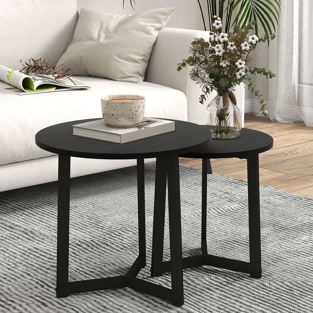 Moderne sofabordsæt med 2, metalstel, MDF, rundt design, stabelbart, sort