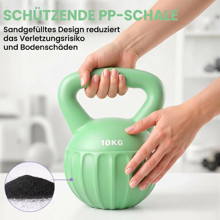 Kettlebell, 6 kg vægtstang fyldt med sand, til begyndere, styrketræning til hjemmebrug, 21 x 21 x 27 cm, grøn