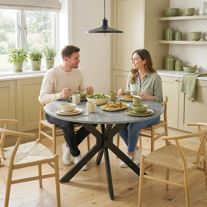 Klapbord til 2-6 personer, rundt klapbord med dobbelt-X stålramme, tyk bordplade, cementgrå