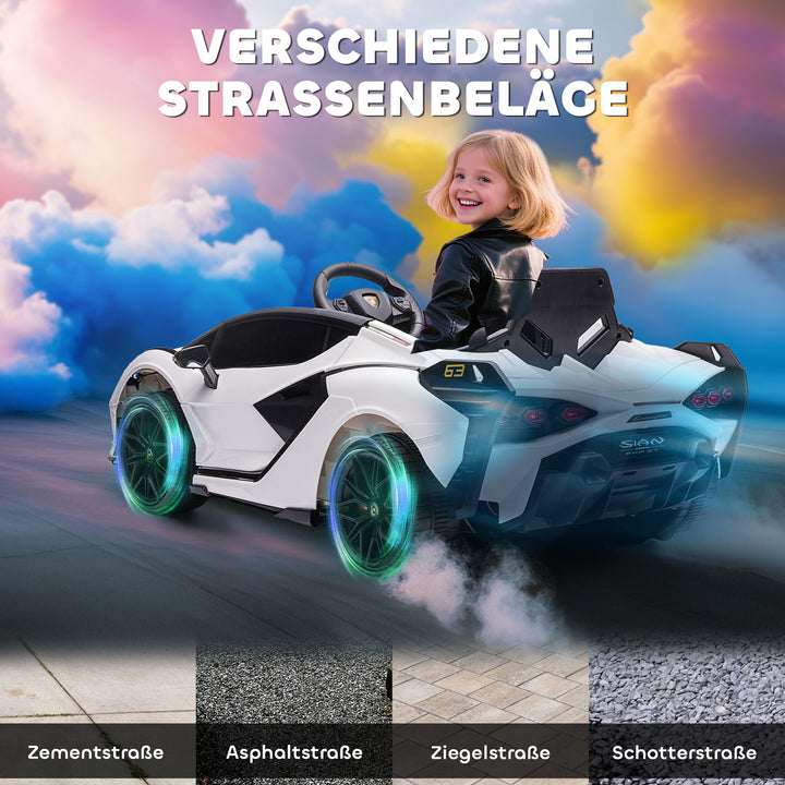 Børne elbil, 12V, med 2.4G fjernbetjening, 2 motorer, børnebil med horn, LED-lys, musik, elbil til børn i alderen 3-5 år, hvid