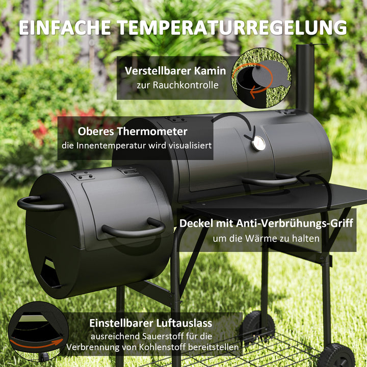 Kulgrill af stål bbq-ryger med låg, termometer, hjul, lufttilførsel og kulbakke