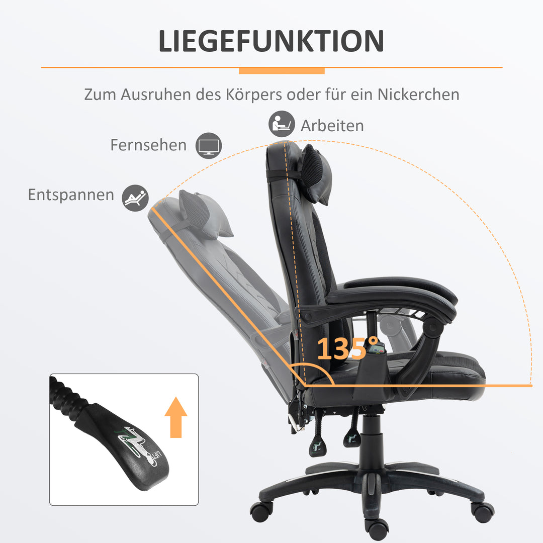 Kontorstol massagestol massagefunktion med 6 vibrationspunkter ergonomisk gamingstol med varmefunktion kunstlæder sort 68 x 69 x 108-117cm