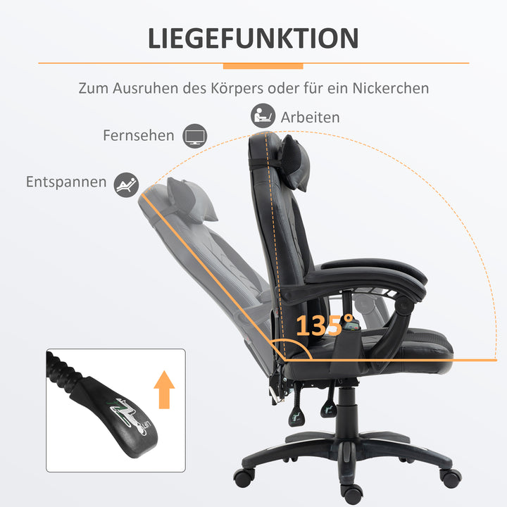Kontorstol massagestol massagefunktion med 6 vibrationspunkter ergonomisk gamingstol med varmefunktion kunstlæder sort 68 x 69 x 108-117cm