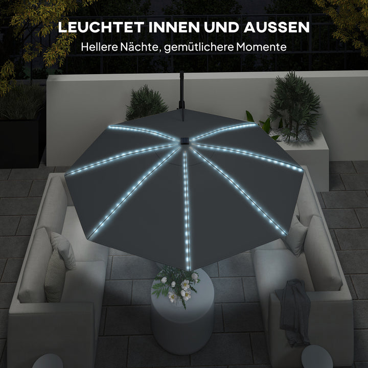 Aluminiums cantilever parasol led solcelle 300 cm højdejusterbar parasol med håndsving uv50+ mørkegrå