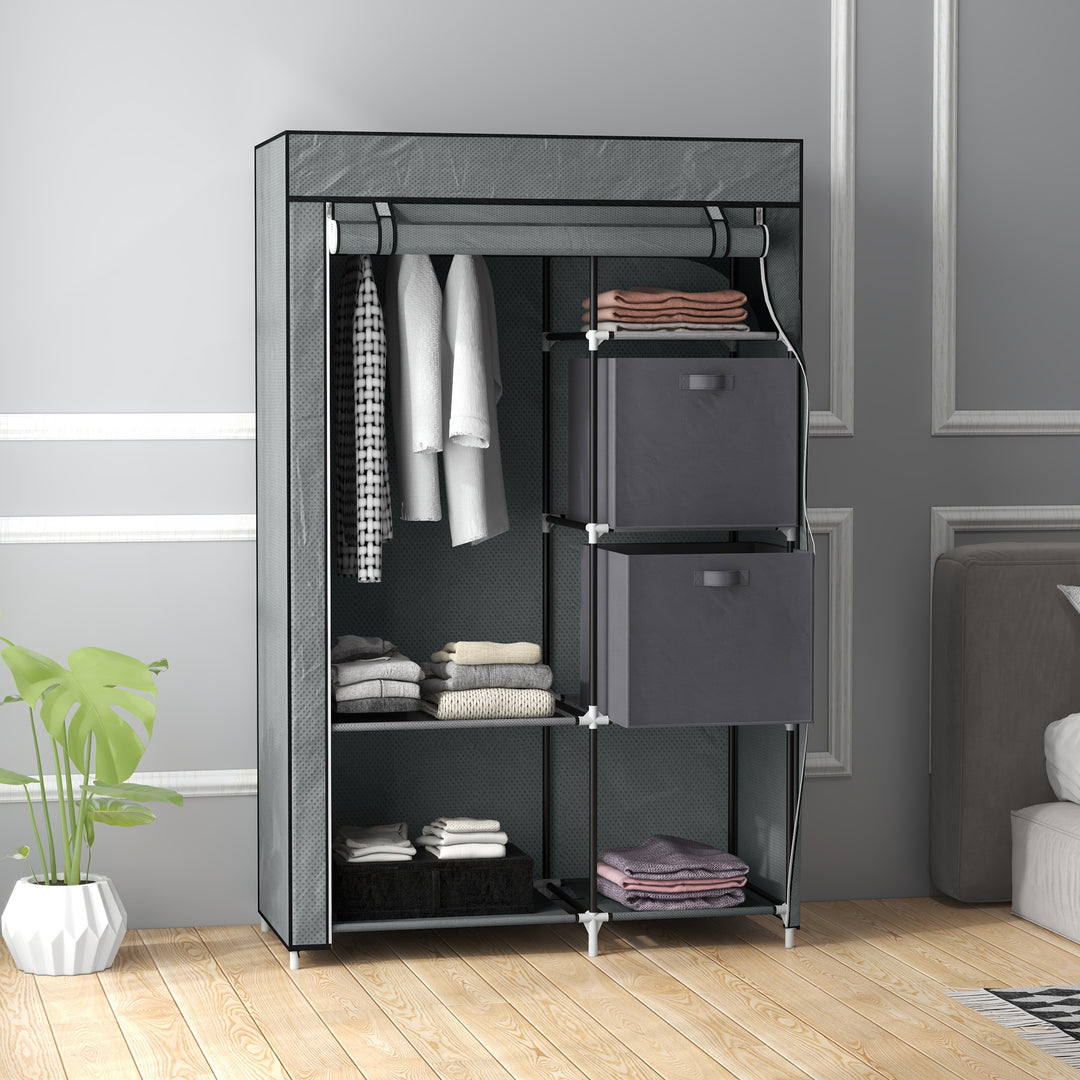 Stofgarderobe foldbart skab, 1 bøjlestang, 6 hylder, 102 x 42,5 x 162,5 cm, grå