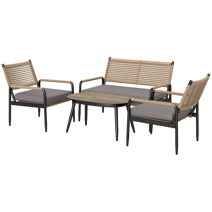 Havemøbelsæt af polyrattan loungesæt med 2-personers sofa, lænestol, glasbord, hynder til 4 personer, mørkegrå + gul