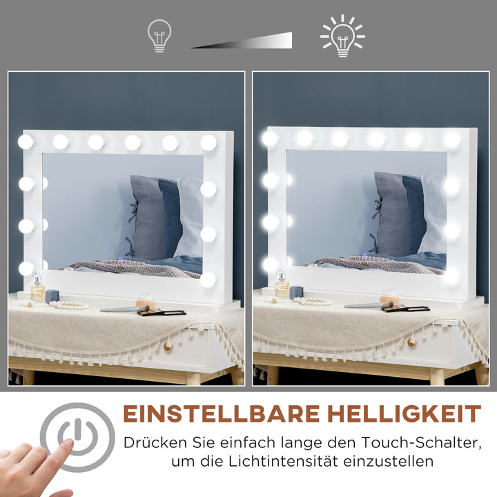 Hollywood-spejl med belysning, touch-betjening, hukommelsesfunktion, 12 dæmpbare LED-lamper, hvid, 80 x 60 cm