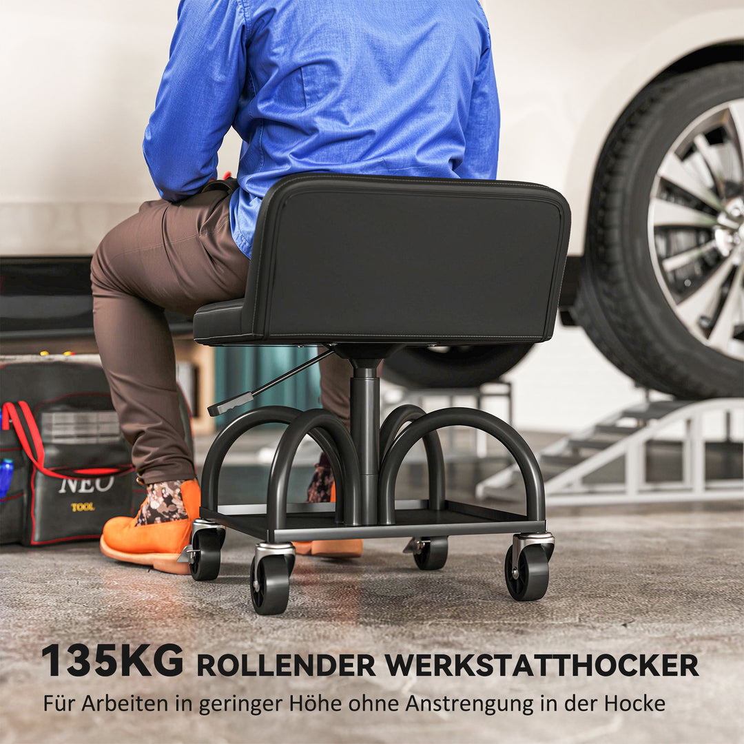 Værkstedsskammel med hjul, opbevaringsplads, 58,5 cm høj, rulleskammel, lasteevne op til 135 kg, sort