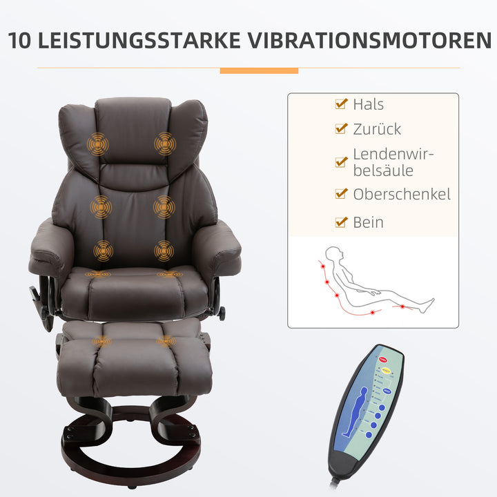 Lænestol med fodskammel, elektrisk tv-stol med lænefunktion, roterende massagestol med fjernbetjening, sidelomme, til stue, kunstlæder, brun