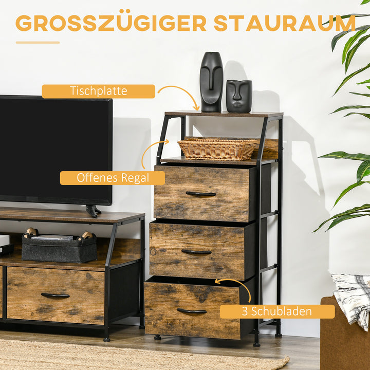 Opbevaringsskab med stofskuffer og mdf-hylder og stålramme, brun