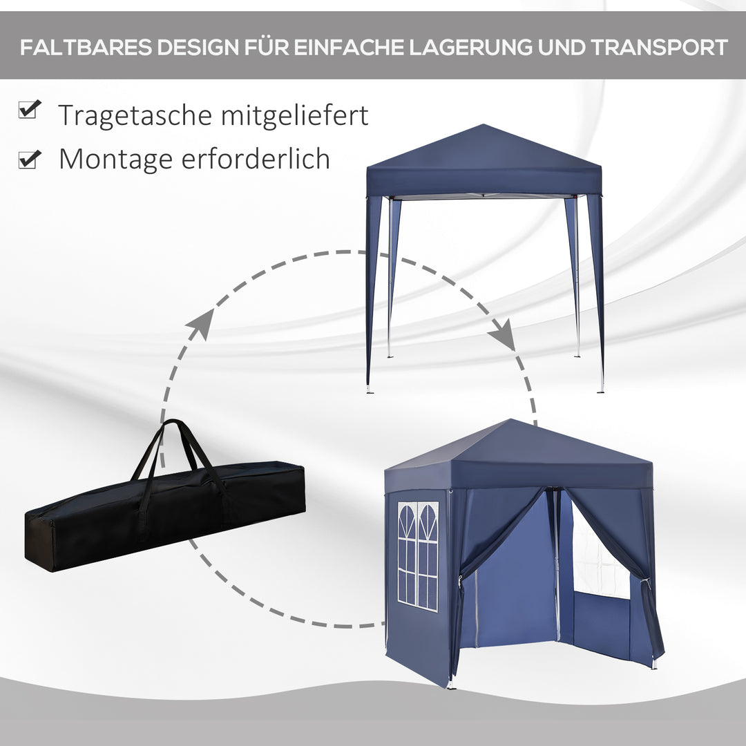 Pop-up-pavillon, øltelt, 4 aftagelige sidevægge, 2 vinduer, metalramme, 2 x 2m, blå