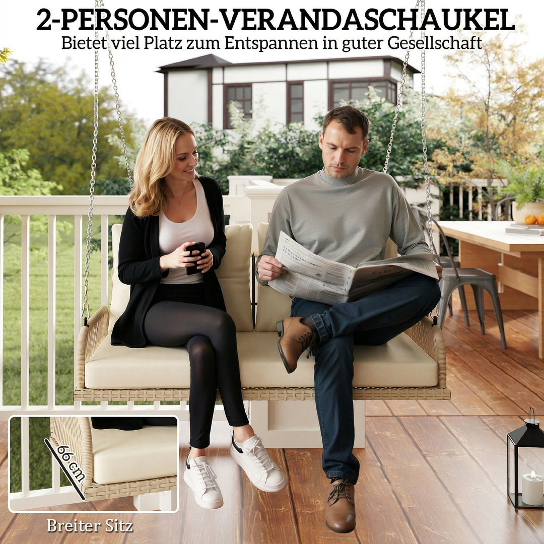 Hollywood gynge, 2-personers, rattan havegynge med hynder og kæder, op til 240 kg, 115 x 66 x 44 cm, beige