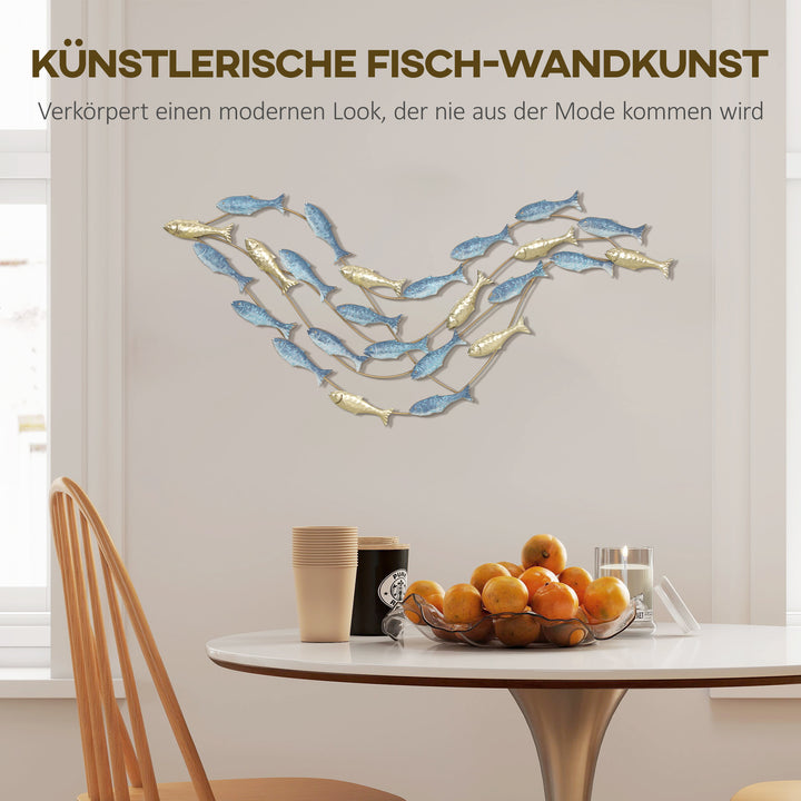 Metalvægkunst, fiskedesign, rustbestandig, moderne stil, elegant, lyseblå