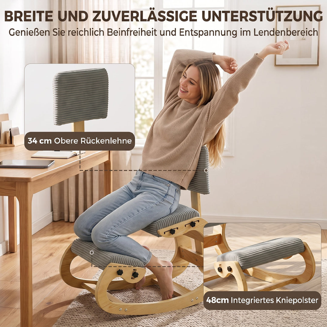 Ergonomisk knælestol med ryglæn, corduroy-look, grå