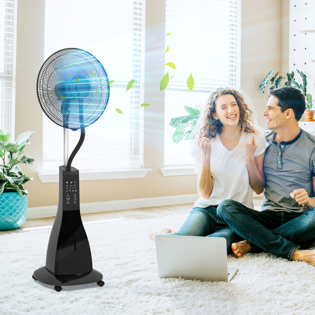 Sokkelventilator med befugtning, stille, bærbar, fjernbetjening, sort
