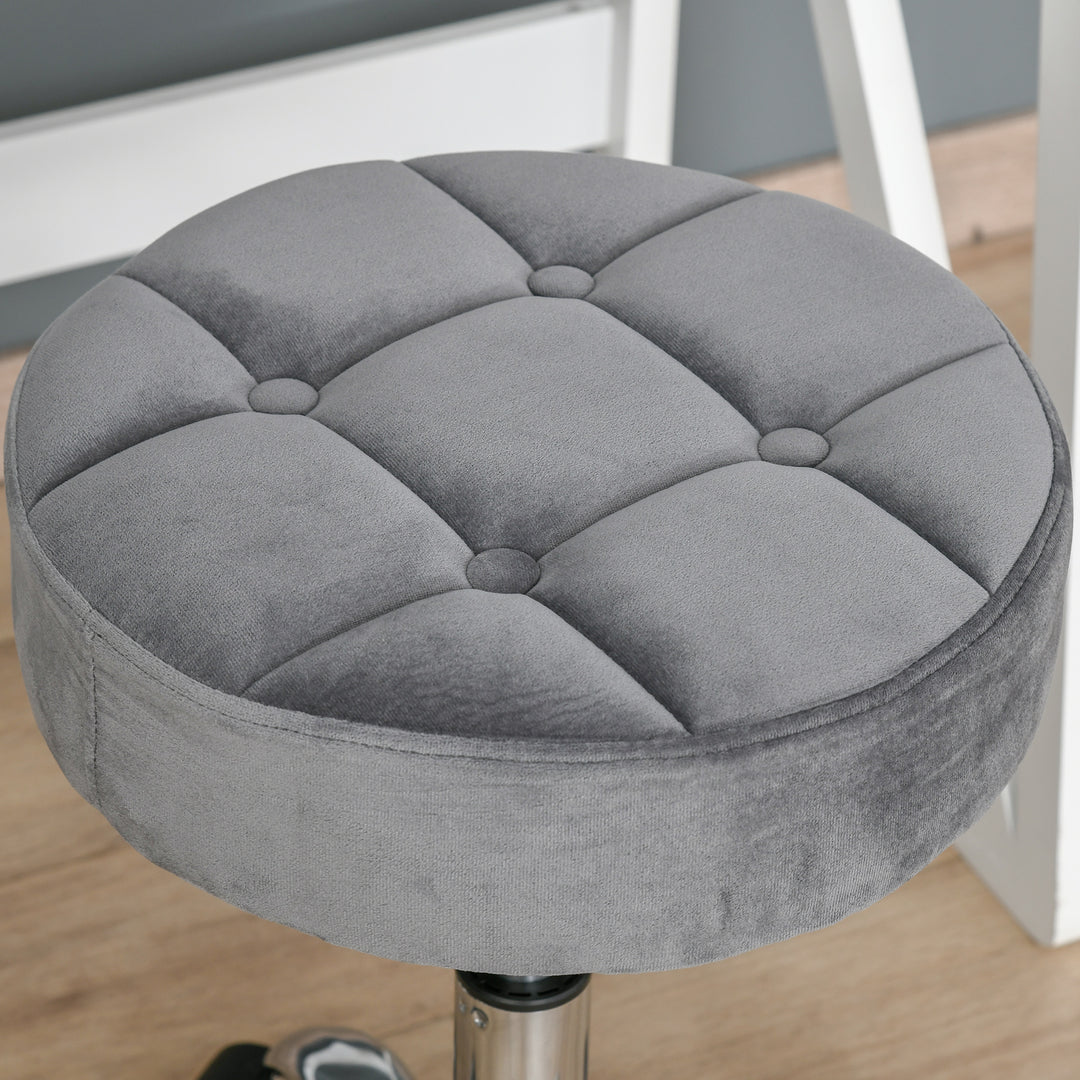 Salonstol med hjul, rulleskammel, højdejusterbar, roterende salonskammel, fløjlsskum, krombase, lysegrå, 35 x 35 x 49-61 cm