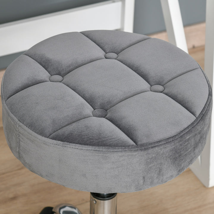 Salonstol med hjul, rulleskammel, højdejusterbar, roterende salonskammel, fløjlsskum, krombase, lysegrå, 35 x 35 x 49-61 cm