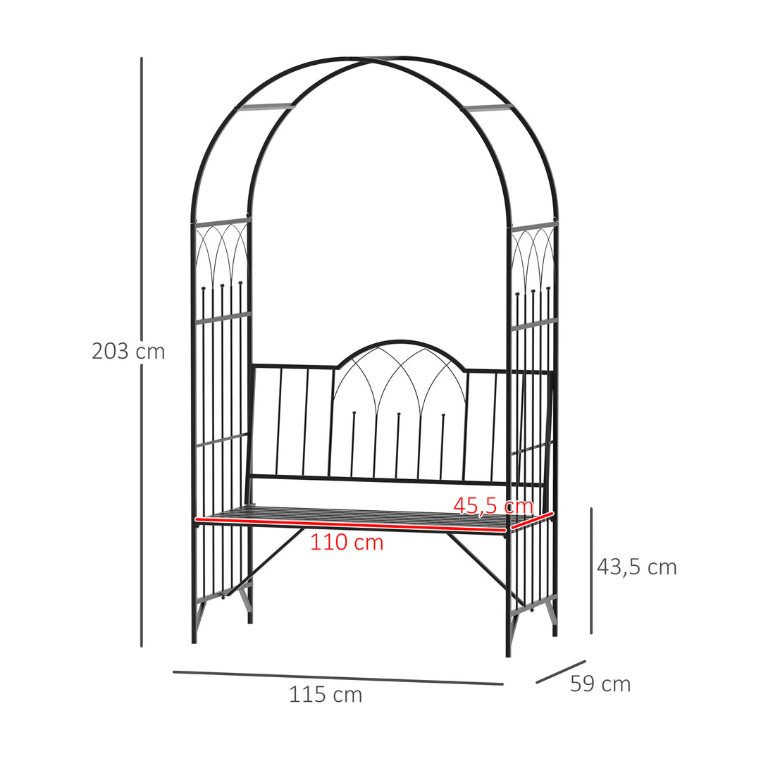 Rosenbue med bænk rosenbænk lysthusbænk filosofbænk espalier espalier havebænk metal sort 115 x 59 x 203 cm