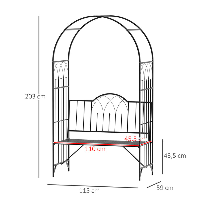 Rosenbue med bænk rosenbænk lysthusbænk filosofbænk espalier espalier havebænk metal sort 115 x 59 x 203 cm