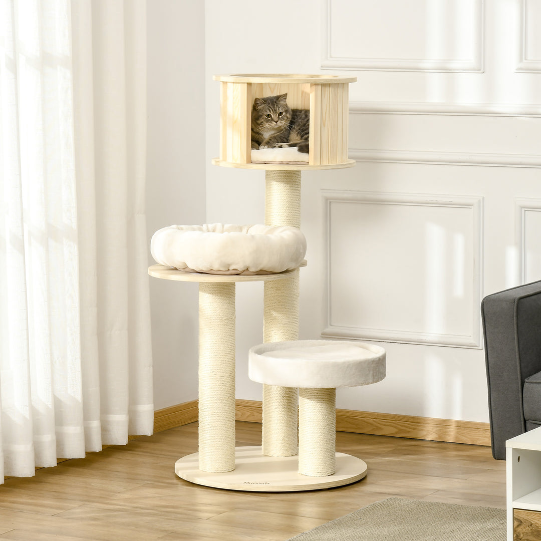 Kradsetræ 122 cm højt trækattetårn med tre niveauer, sisalstolper, platform, kradsetræ i flere niveauer, klatretræ til katte under 4,5 kg, naturlig + creme