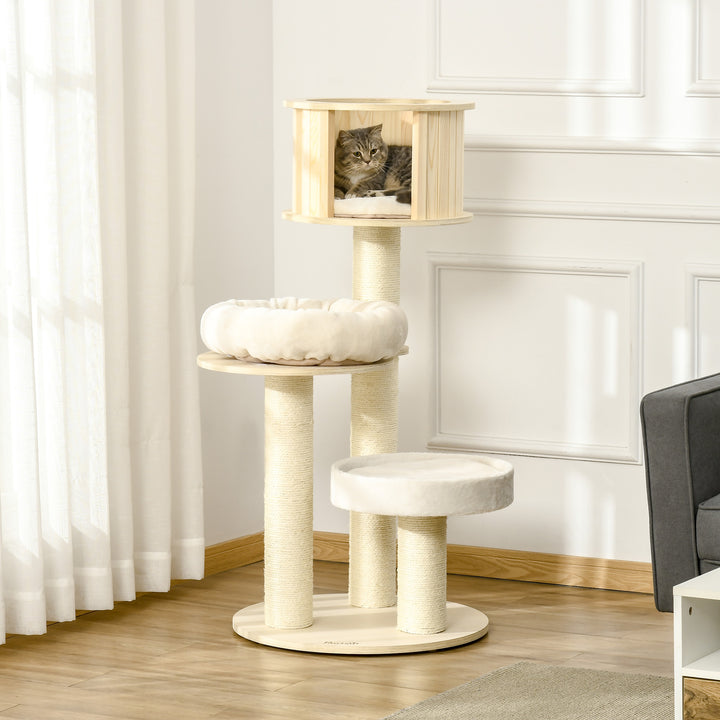 Kradsetræ 122 cm højt trækattetårn med tre niveauer, sisalstolper, platform, kradsetræ i flere niveauer, klatretræ til katte under 4,5 kg, naturlig + creme