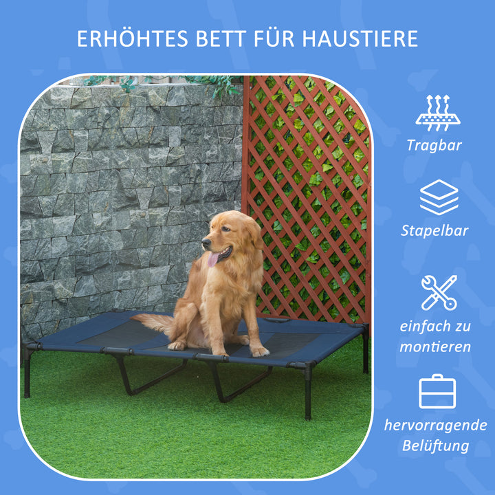 Sammenklappelig hundeseng, udendørs hundeseng, hævet stativ, 122 cm x 92 cm x 23 cm, blå + sort
