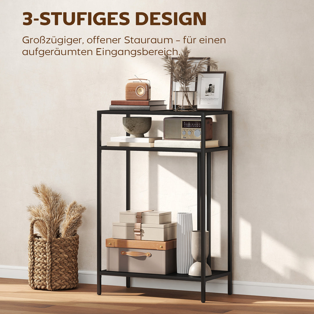 Konsolbord med 3 hylder, smalt entrébord, stålstel til stue/entre, 55 cm, sort