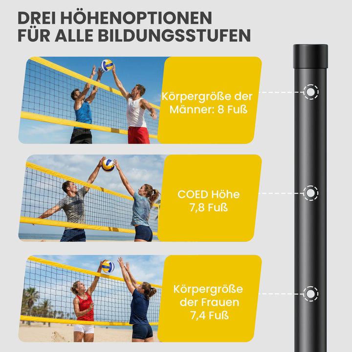 Bærbart volleyballnetsæt med højdejusterbare stålstolper og bæretaske, 950 x 100 x 248 cm, sort