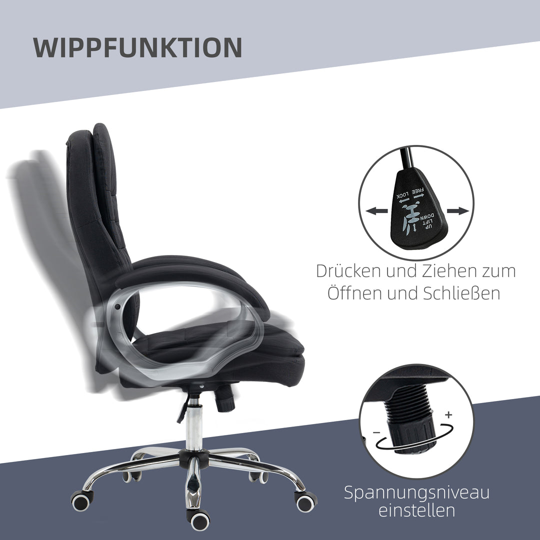 Kontorstol, arbejdsstol, skrivebordsstol, drejestol, 360°, ergonomisk, vippefunktion, højdejusterbar, sort linned, 64 x 75 x 111-121 cm