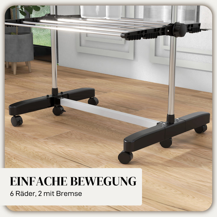 Tørrestativ med 5 niveauer, foldbar, et-klik-system, 142 cm x 55 cm x 1,72 cm, sort + sølv