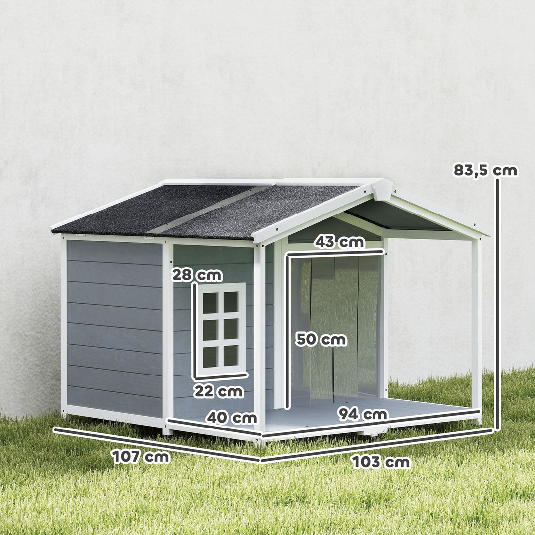 Vejrbestandigt hævet træhundehus med asfalttag og terrasse, til mellemstore hunde, 103x107x83,5cm, grå