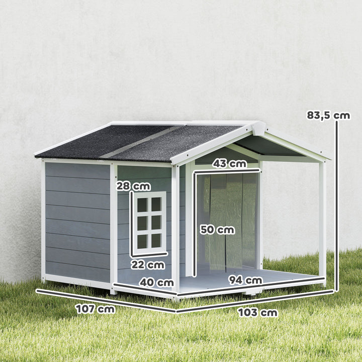 Vejrbestandigt hævet træhundehus med asfalttag og terrasse, til mellemstore hunde, 103x107x83,5cm, grå