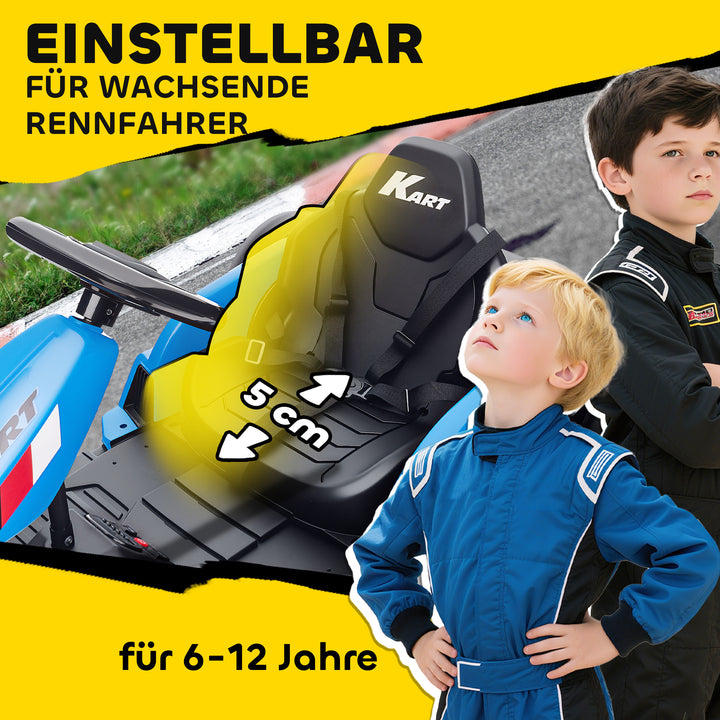 24V elektrisk gokart, drifttilstand, justerbart sæde, 5-punktssele, musikfunktion, 6-12 år, blå