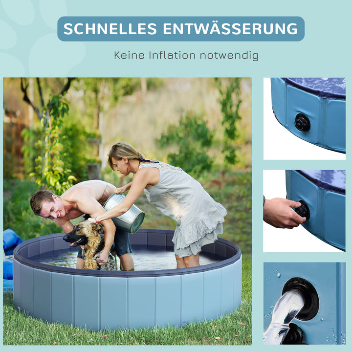 Sammenklappeligt hundebadekar, hundepool, swimmingpool, børnepool, badekar til hunde og katte, vandbassin af plastik og træ, Ø140 x H30 cm, blå