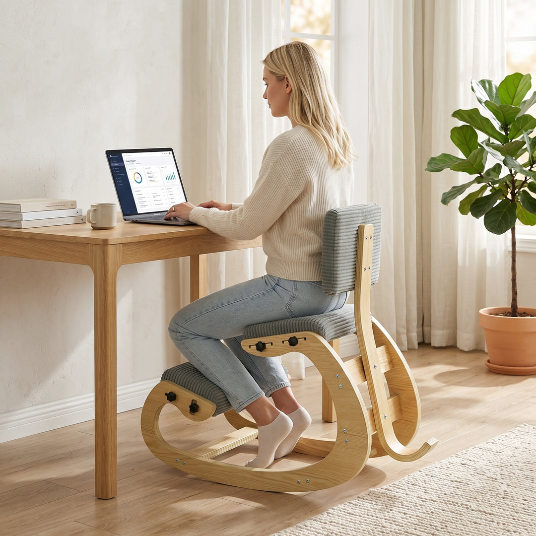 Ergonomisk knælestol med ryglæn, corduroy-look, grå