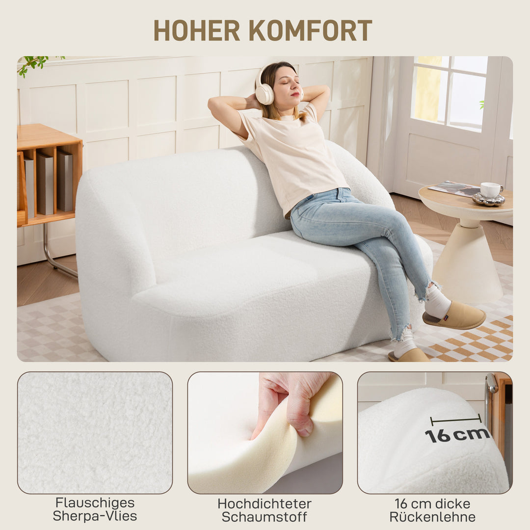 2-personers sofa, buet design, polstret sofa med fleecebetræk, til stue, soveværelse, hjemmekontor, cremehvid