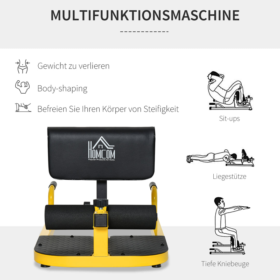 Sissy squat squat trainer bentræner mavetræner baldetræner 3 i 1 træner justerbar op til 120 kg stål gul+sort 50 x 97 x (44,5–56,5) cm
