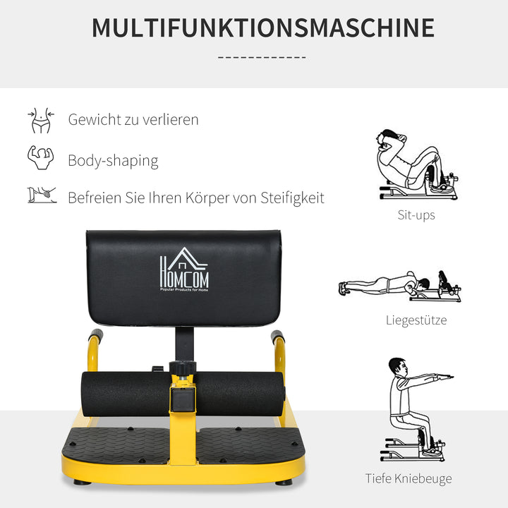 Sissy squat squat trainer bentræner mavetræner baldetræner 3 i 1 træner justerbar op til 120 kg stål gul+sort 50 x 97 x (44,5–56,5) cm