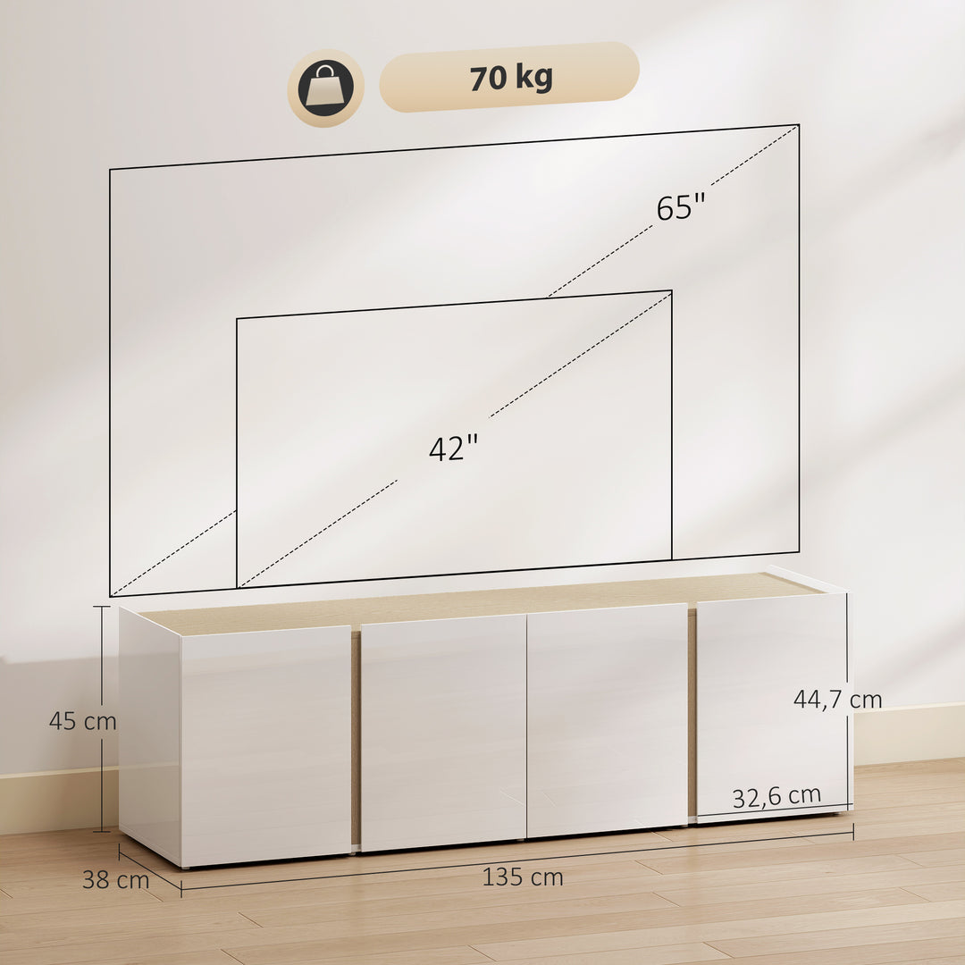 Tv-bord til 65-tommer, tv-skab med soft-close-døre, justerbare hylder, kabelhuller, til stue, hvid