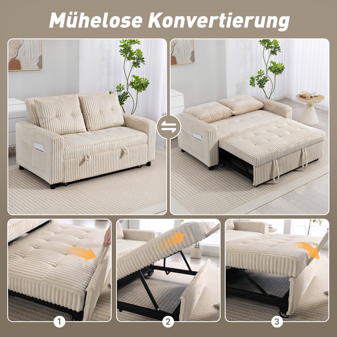 2-personers sovesofa, fløjlsbetræk, kan laves om til en sovesofa, 2 hynder, sidelommer, 157 x 190 cm, cremehvid