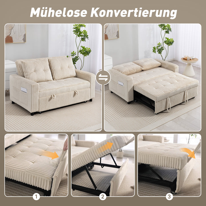2-personers sovesofa, fløjlsbetræk, kan laves om til en sovesofa, 2 hynder, sidelommer, 157 x 190 cm, cremehvid