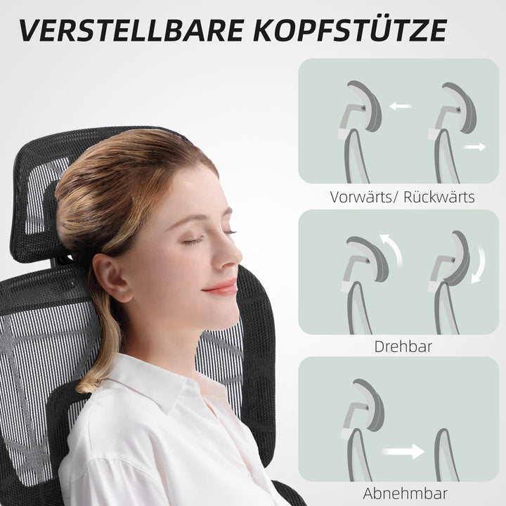 Kontorstol, ergonomisk skrivebordsstol med netbetræk, justerbar, rullbar, med armlæn, nakkestøtte, sort