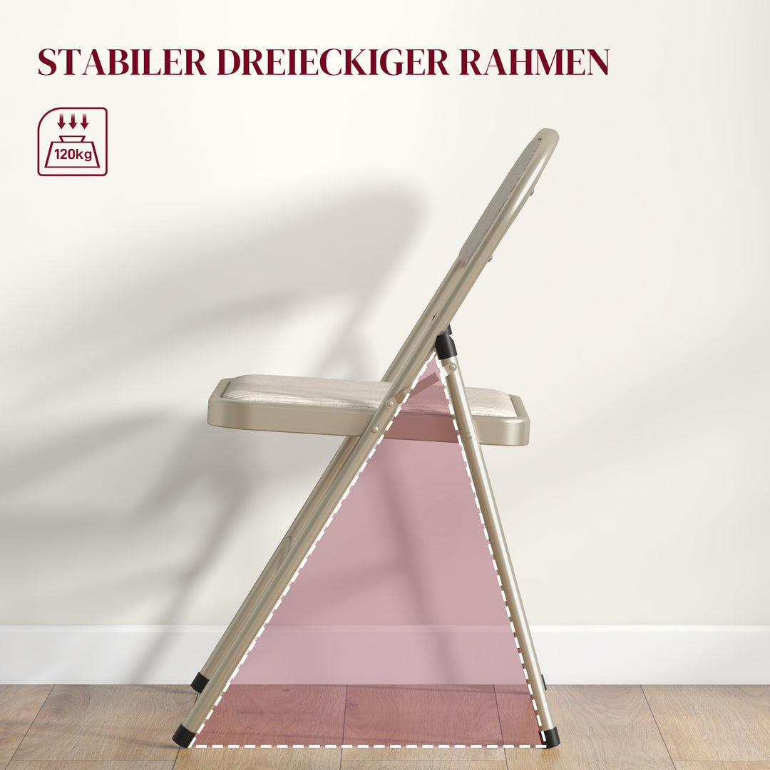 Sæt med 4 klapstole, bærbare kontorstole, stålben, klapstol til kontor, reception, venteværelse, beige linnedlook