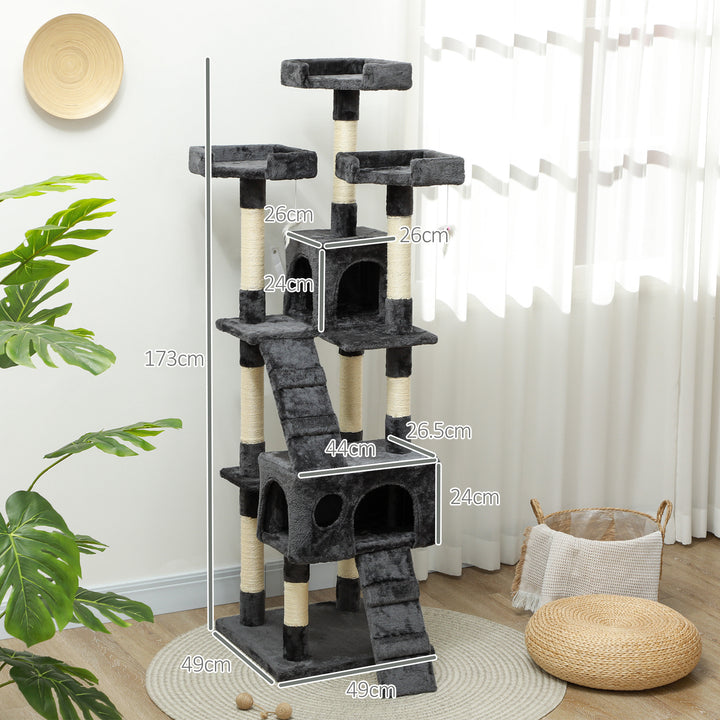 Kradsetræ med kattehulestige xxl kradsetræ klatretræ klatretræ til katte multiniveau multiaktivitetscenter plys grå 49 x 49 x 173 cm