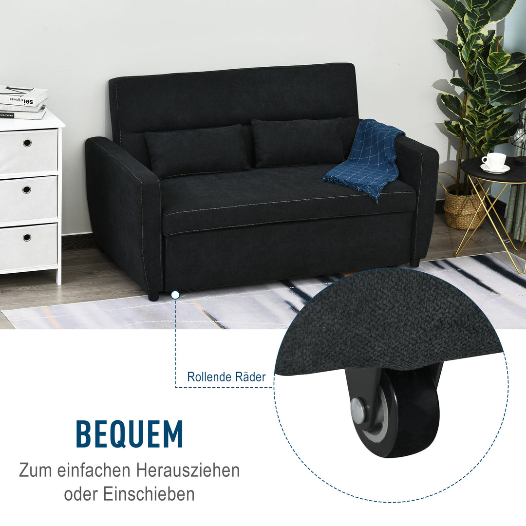 2-Personers sofa med sengefunktion, justerbar ryglæn, polstret sofa, fløjlslook, til stue, soveværelse, sort
