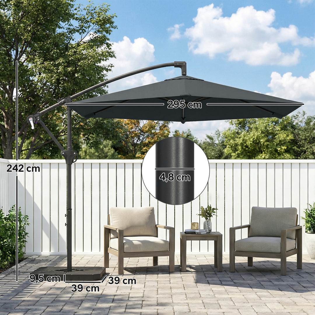 Fritstående parasol ca. Ø300 cm, solskærm med låsemekanisme, håndsving, stativ, vægte, mørkegrå