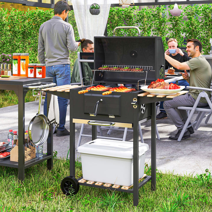 Kulgrill, højdejusterbar kulpande, grillvogn, hylder, termometer, flaskeåbner, stål, træ, sort